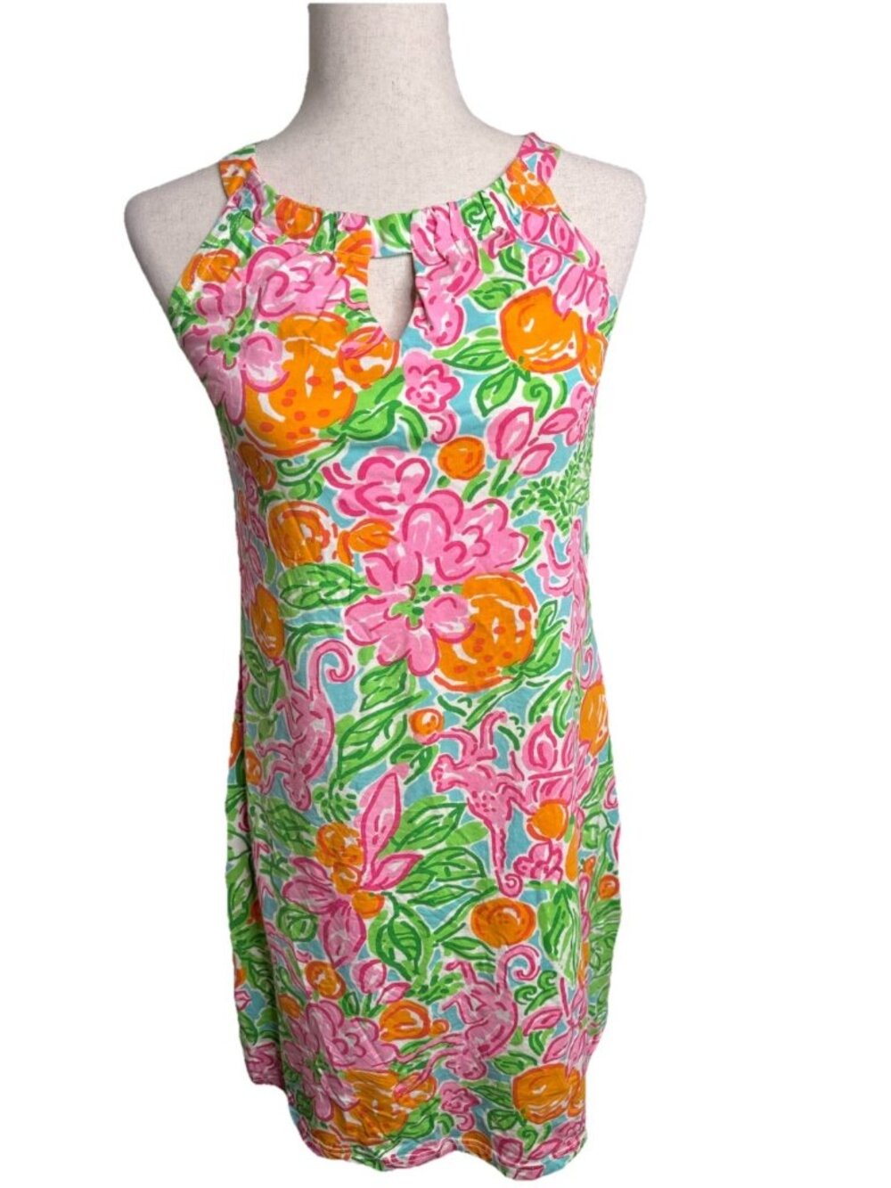 Barbara Gerwit Tropical Fruit Shift Dress Med Keyhole Colorful Resortwear Beach